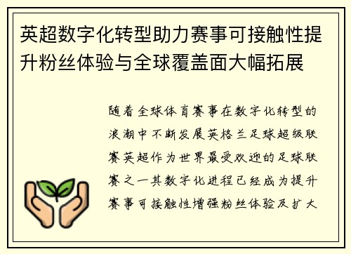 英超数字化转型助力赛事可接触性提升粉丝体验与全球覆盖面大幅拓展 英超数字化转型助力赛事可接触性提升粉丝体验与全球覆盖面大幅拓展