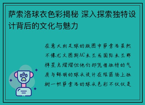 萨索洛球衣色彩揭秘 深入探索独特设计背后的文化与魅力