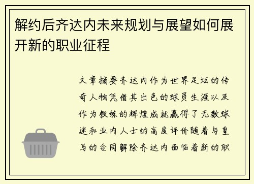 解约后齐达内未来规划与展望如何展开新的职业征程