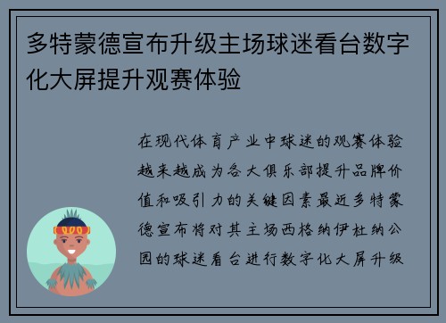 多特蒙德宣布升级主场球迷看台数字化大屏提升观赛体验